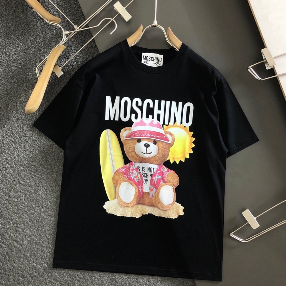 Moschino Black T-Shirt with Bear and Surfboard Design